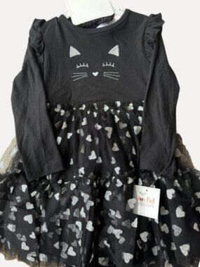 NWT Toddler Black Cat Tulle Dress Halloween Long Sleeve Size 4T w/ Bow